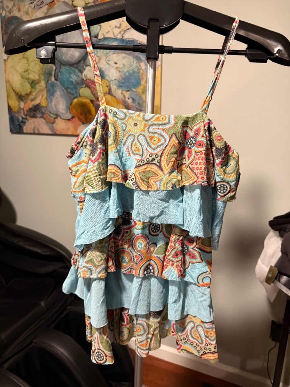 y2k boho tiered ruffle mesh cami tank top medium orange turquoise